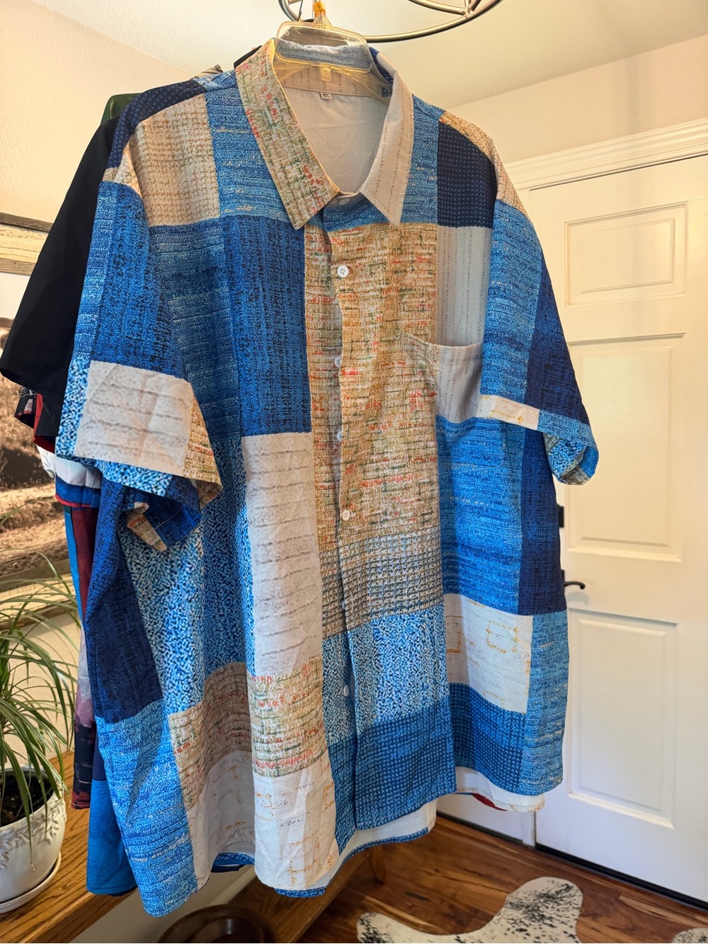 Men's Blue Patchwork Short-Sleeve Button-Up Shirt